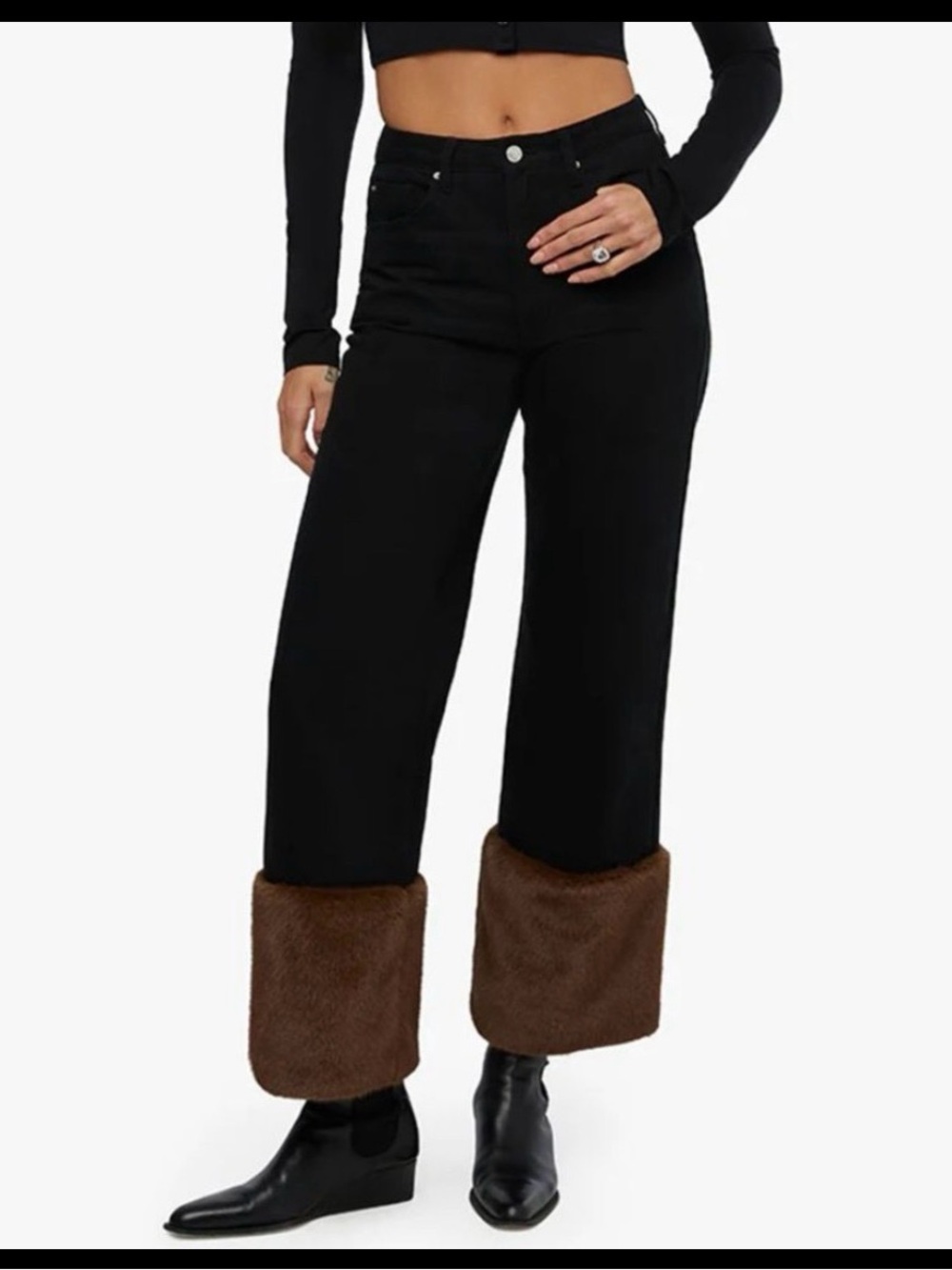 WeWoreWhat Faux Fur Straight Leg Black Jean Size 28